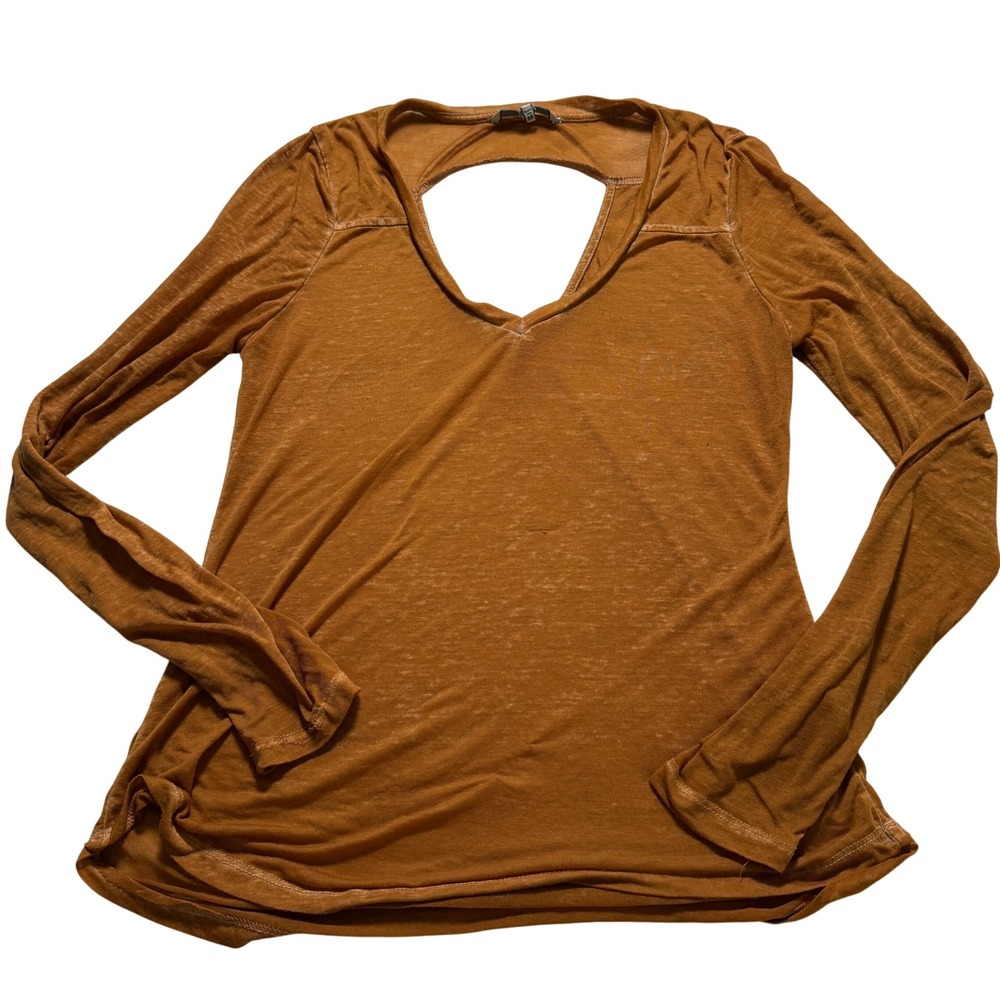 BKE sheer Long Sleeve Top Wms SZ‎ M Burnt Orange V-Neck Cutout Back BKM18075-I